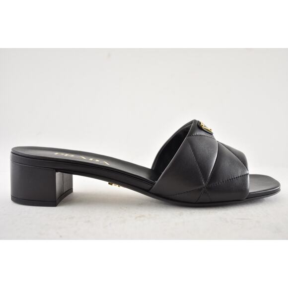 Prada Diagram Quilted Leather Black Gold Logo Slide Sandal Mule Block Heel 39 - Picture 2 of 15